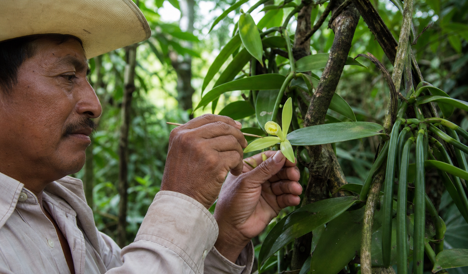 Productor revisa flores de vainilla en un huerto sombreado de Papantla, Veracruz, durante la polinización manual.