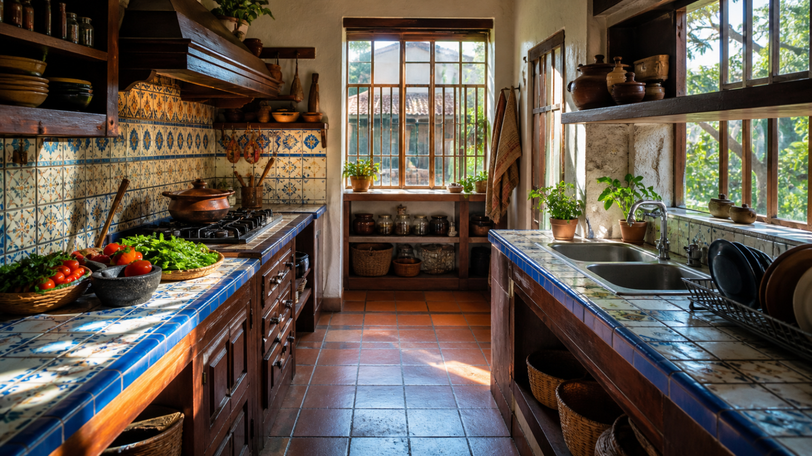 Cocina doméstica organizada por zonas de preparación, cocción y almacenamiento, con utensilios visibles y superficies despejadas.