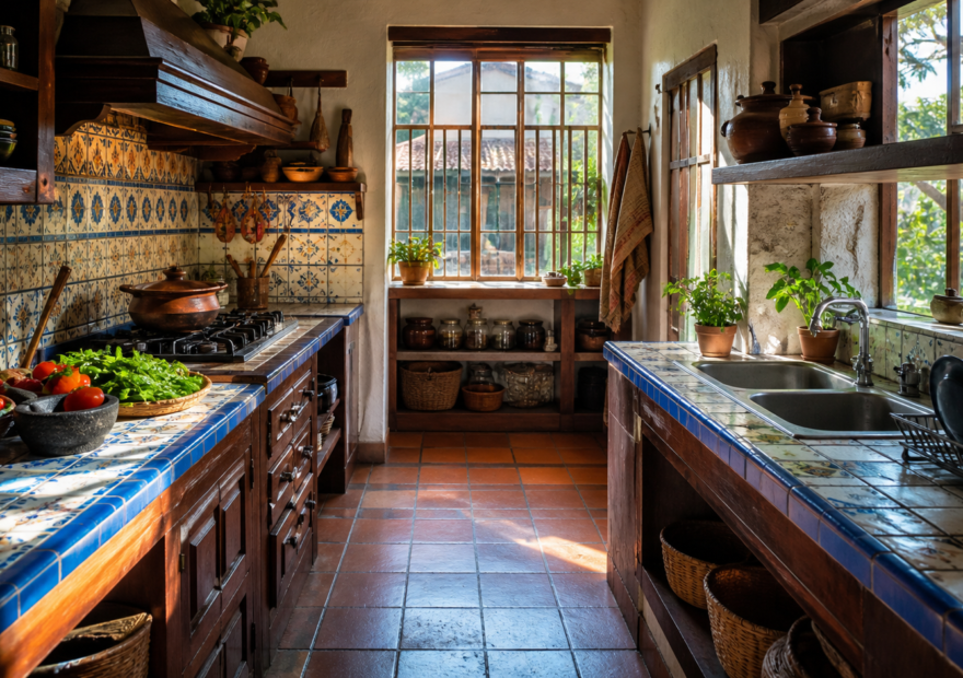 Cocina doméstica organizada por zonas de preparación, cocción y almacenamiento, con utensilios visibles y superficies despejadas.