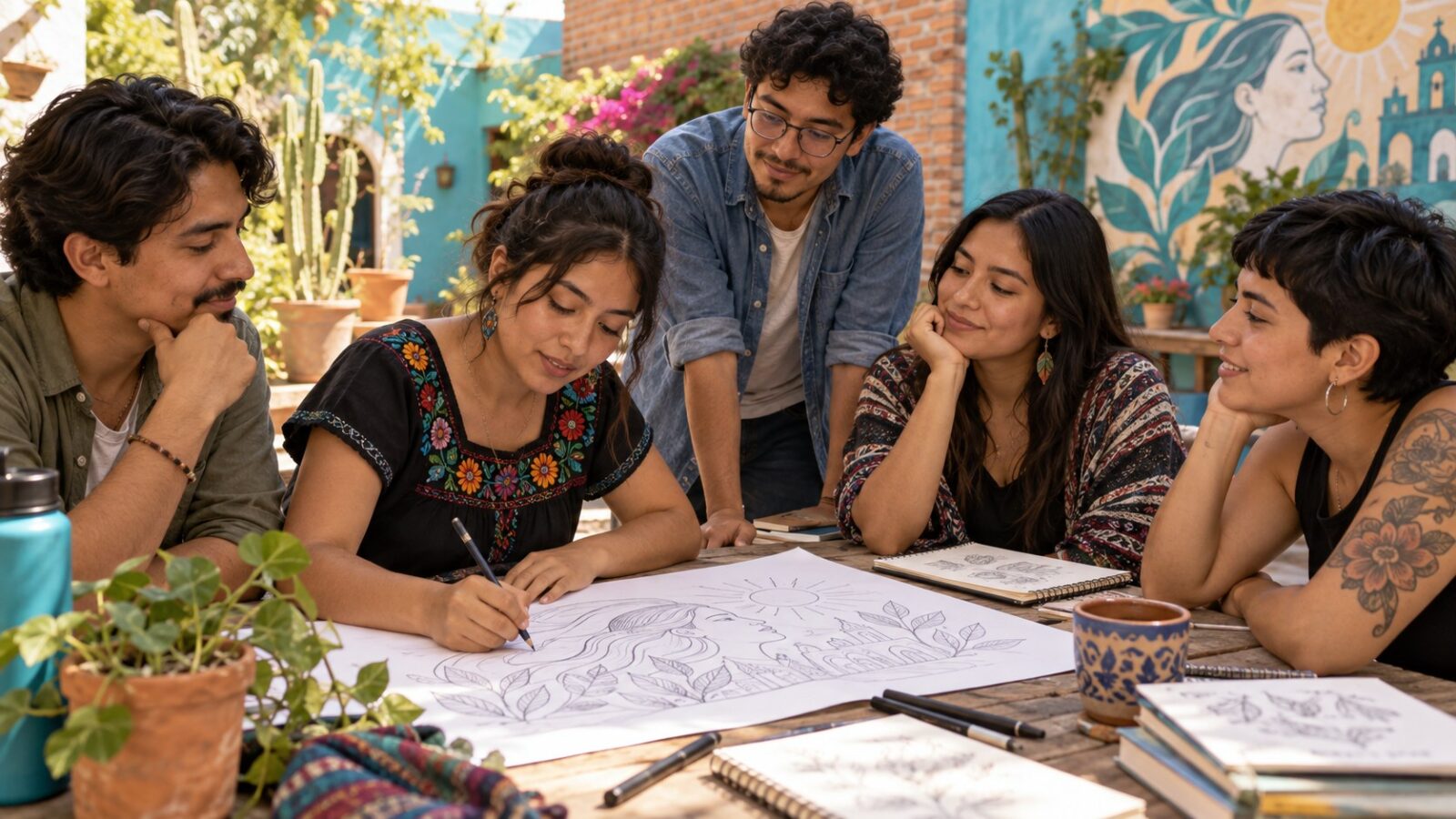 Ilustración editorial de jóvenes adultos mexicanos dialogando sobre asuntos comunitarios en un espacio cultural.