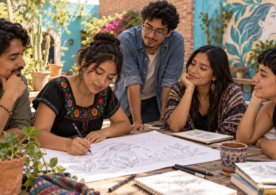 Ilustración editorial de jóvenes adultos mexicanos dialogando sobre asuntos comunitarios en un espacio cultural.