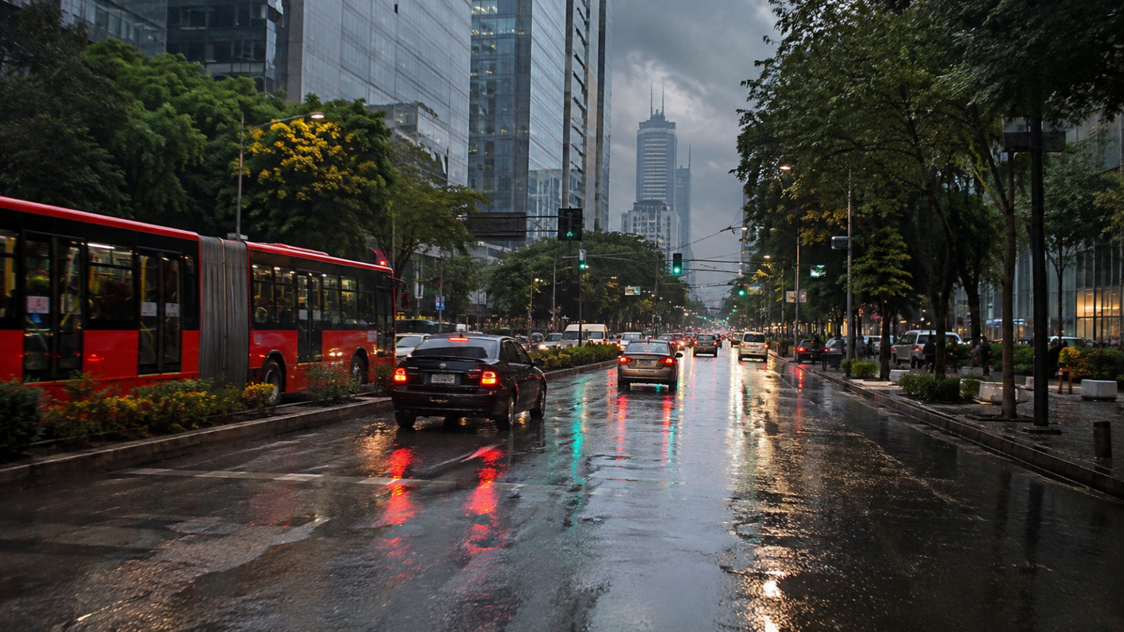 Avenida de Ciudad de México con transporte y automóviles sobre pavimento húmedo.
