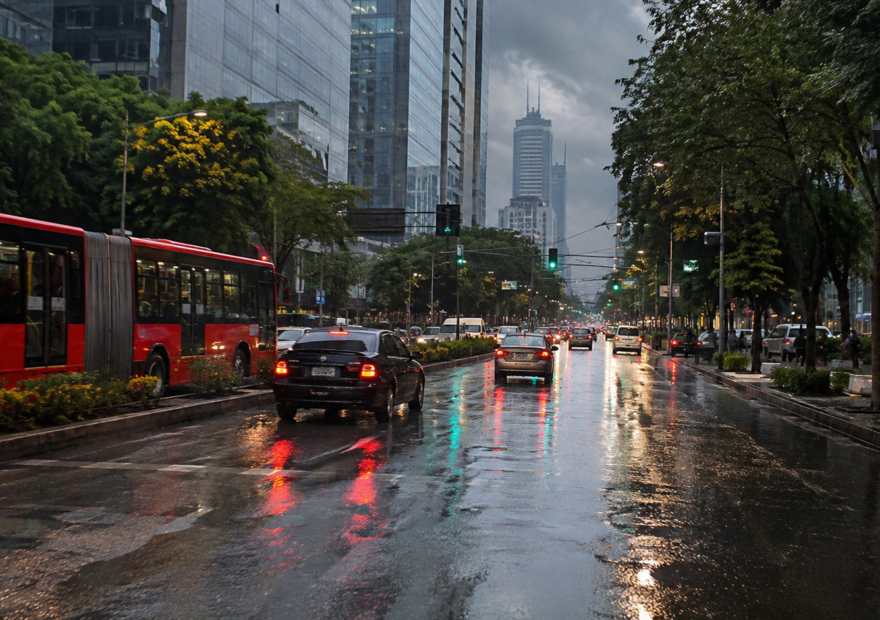 Avenida de Ciudad de México con transporte y automóviles sobre pavimento húmedo.