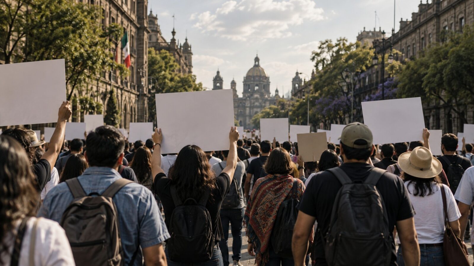 Ilustración conceptual de una marcha pacífica vista desde atrás en un boulevard capitalino, con carteles sin texto.