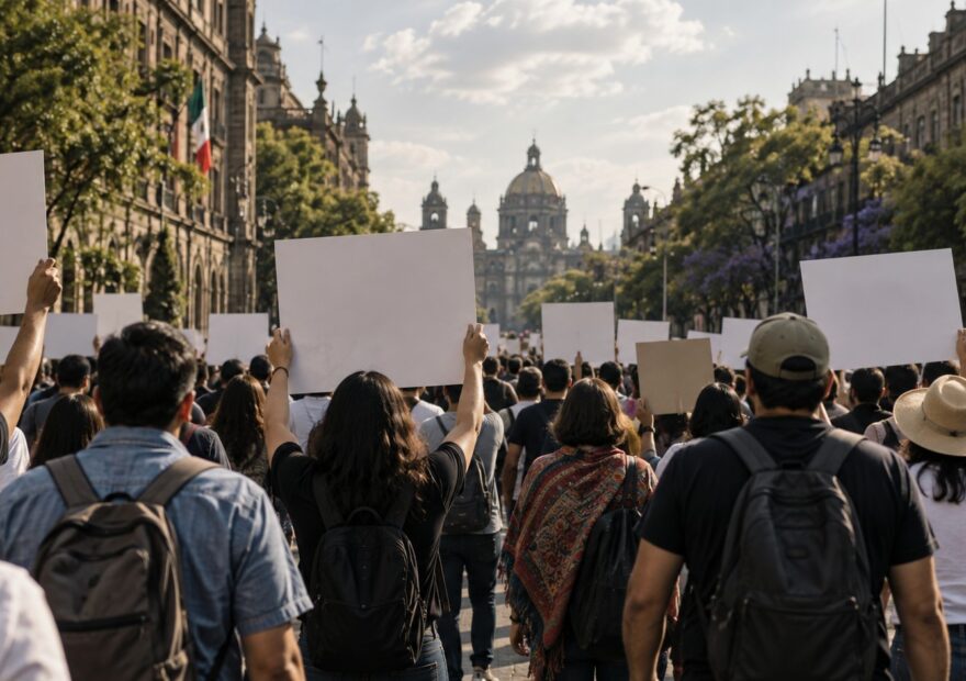 Ilustración conceptual de una marcha pacífica vista desde atrás en un boulevard capitalino, con carteles sin texto.
