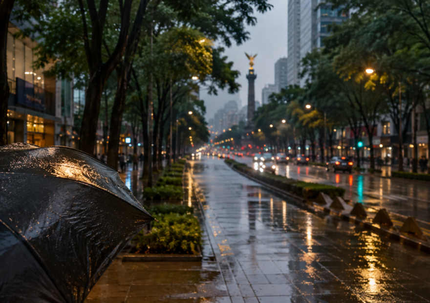 Avenida de Ciudad de México durante una lluvia vespertina con paraguas y reflejos urbanos.