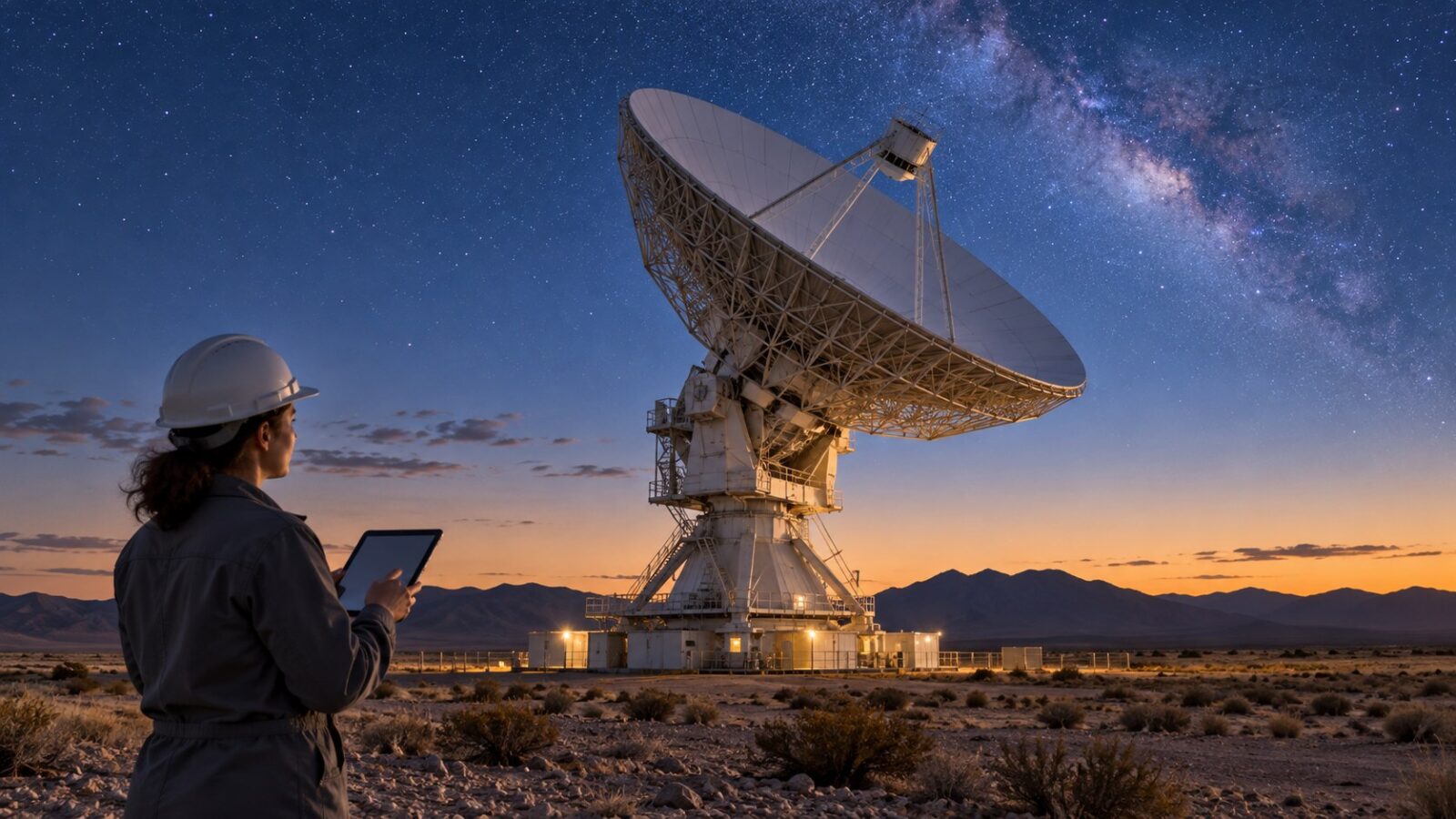 Ilustración editorial de una antena de comunicaciones espaciales y una ingeniera supervisando la recepción de datos.