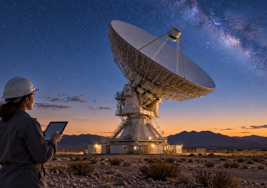 Ilustración editorial de una antena de comunicaciones espaciales y una ingeniera supervisando la recepción de datos.