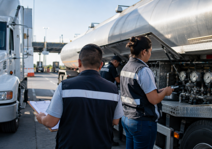 Inspección aduanal de un camión cisterna con revisión de documentos y medidores.