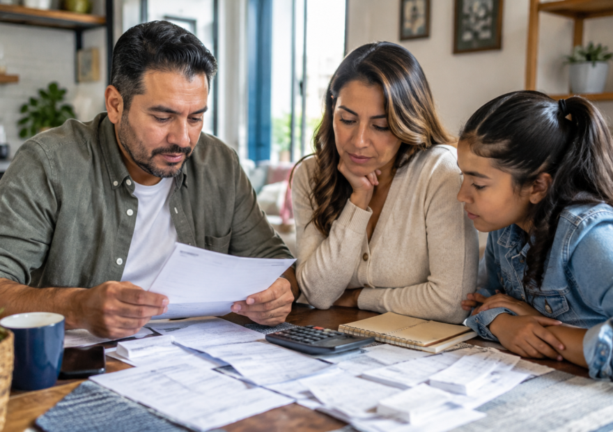 Familia mexicana revisando documentos de presupuesto, recibos y una calculadora en la mesa.