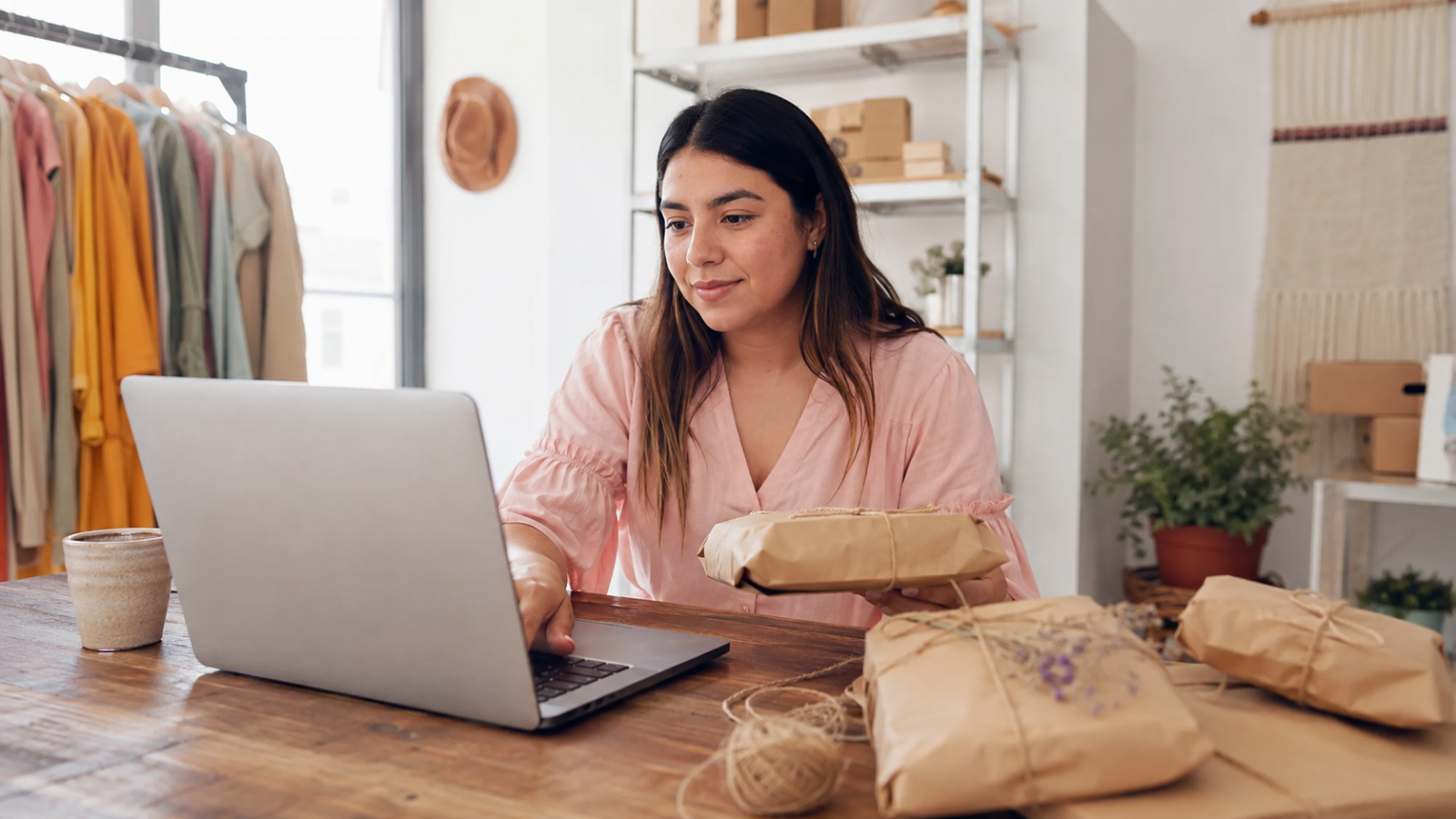 Emprendedora mexicana organizando pedidos digitales y empaques artesanales en un pequeño negocio.