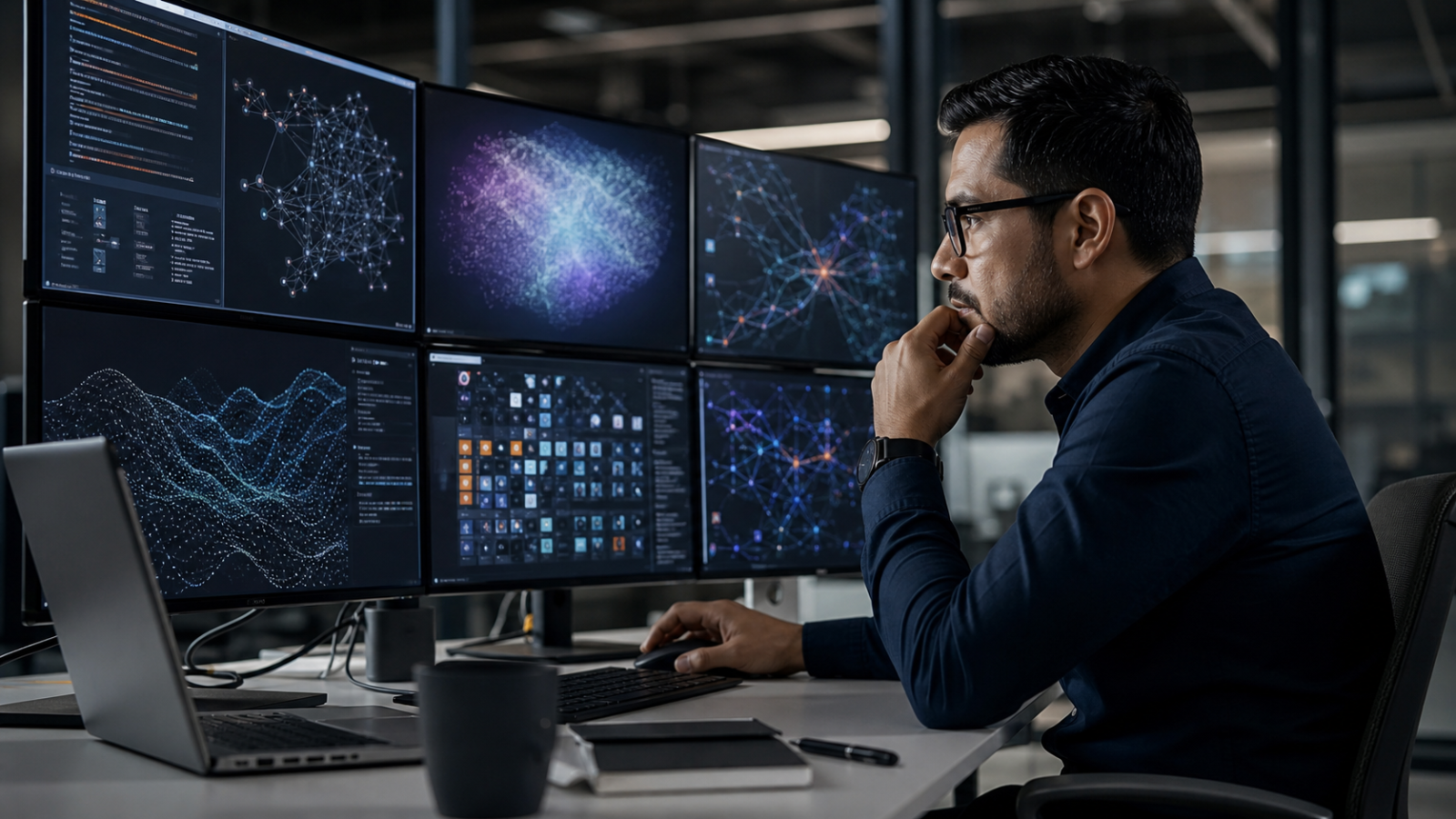 Profesional mexicano evaluando sistemas de inteligencia artificial en varias pantallas.