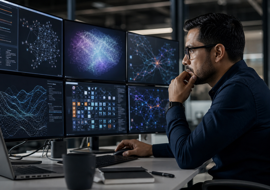 Profesional mexicano evaluando sistemas de inteligencia artificial en varias pantallas.