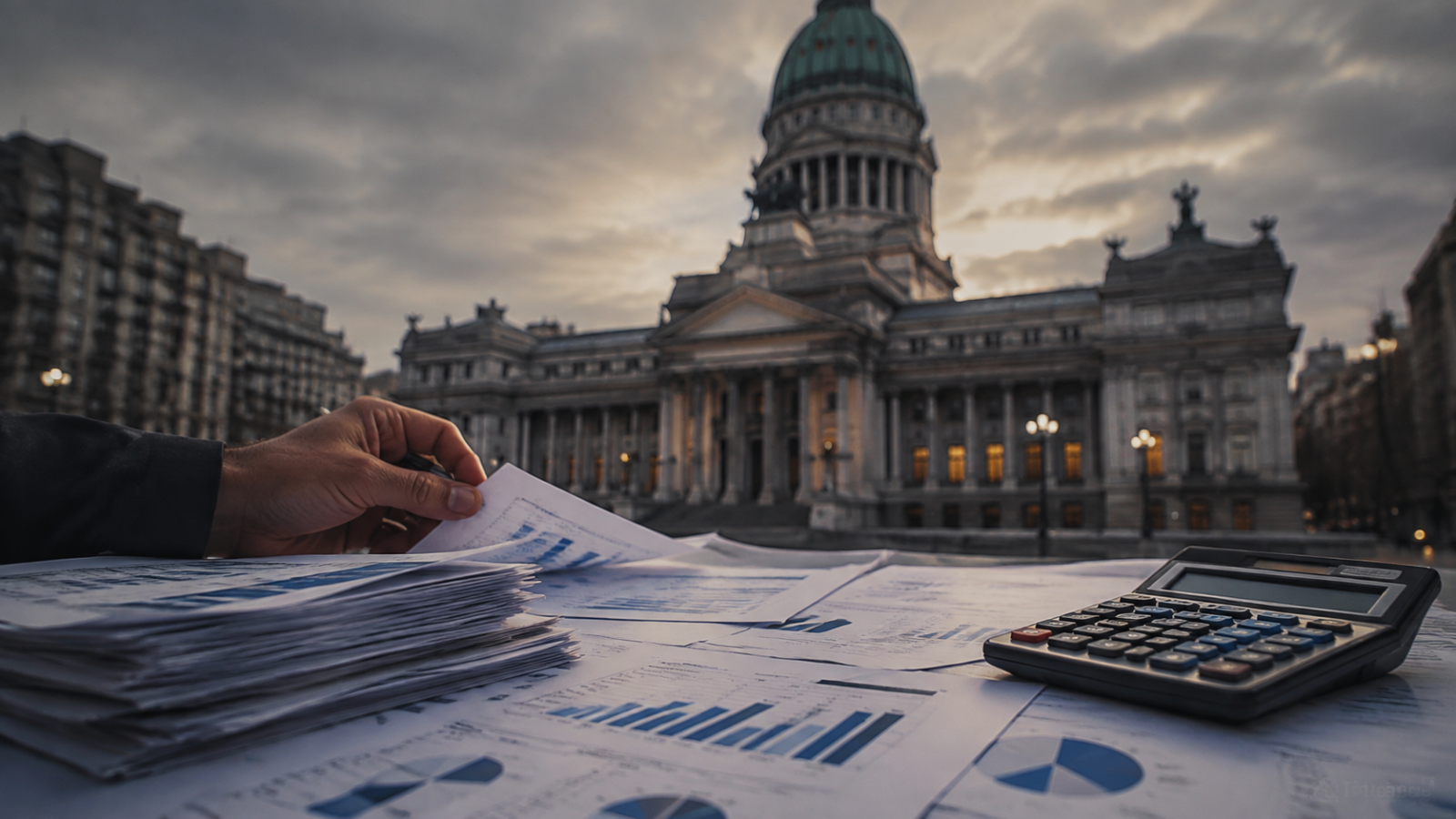 Documentos presupuestarios y calculadora frente a un edificio legislativo al atardecer.