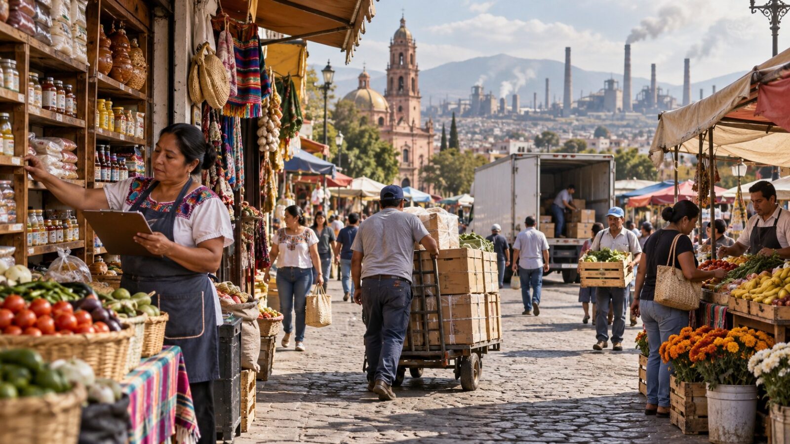 Ilustración editorial de actividad comercial y logística en una ciudad mexicana.