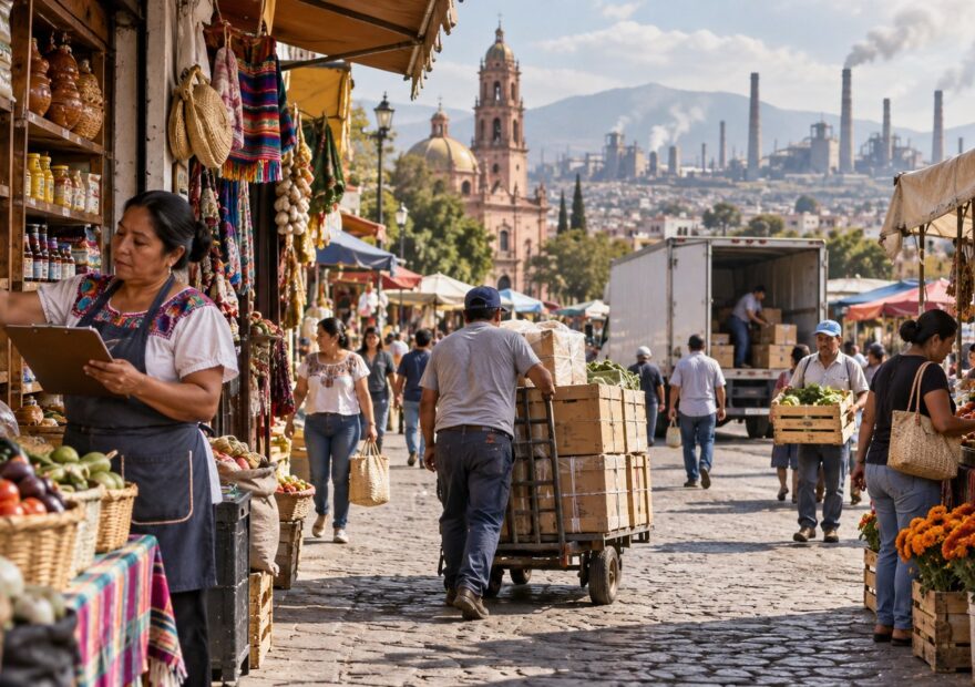 Ilustración editorial de actividad comercial y logística en una ciudad mexicana.