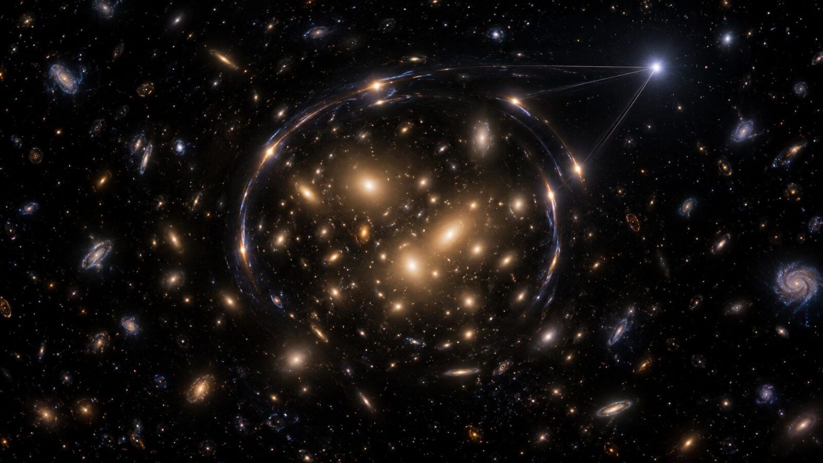 Ilustración científica de un cúmulo de galaxias que curva la luz de una estrella distante; no es una imagen de Hubble.