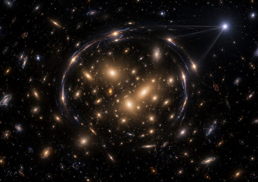 Ilustración científica de un cúmulo de galaxias que curva la luz de una estrella distante; no es una imagen de Hubble.