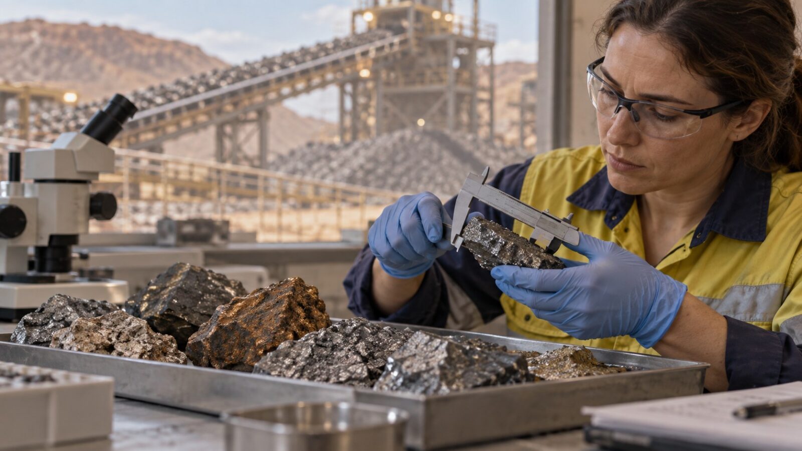 Ilustración de una técnica examinando muestras minerales en un laboratorio junto a instalaciones industriales.