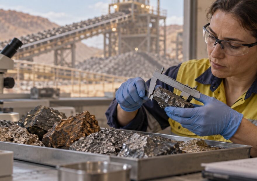 Ilustración de una técnica examinando muestras minerales en un laboratorio junto a instalaciones industriales.