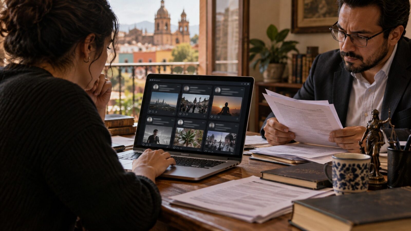 Ilustración de revisión de publicaciones anónimas en una computadora junto a documentos de análisis jurídico.
