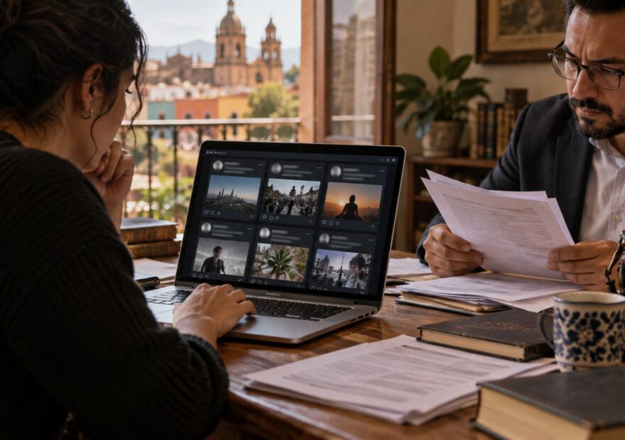 Ilustración de revisión de publicaciones anónimas en una computadora junto a documentos de análisis jurídico.