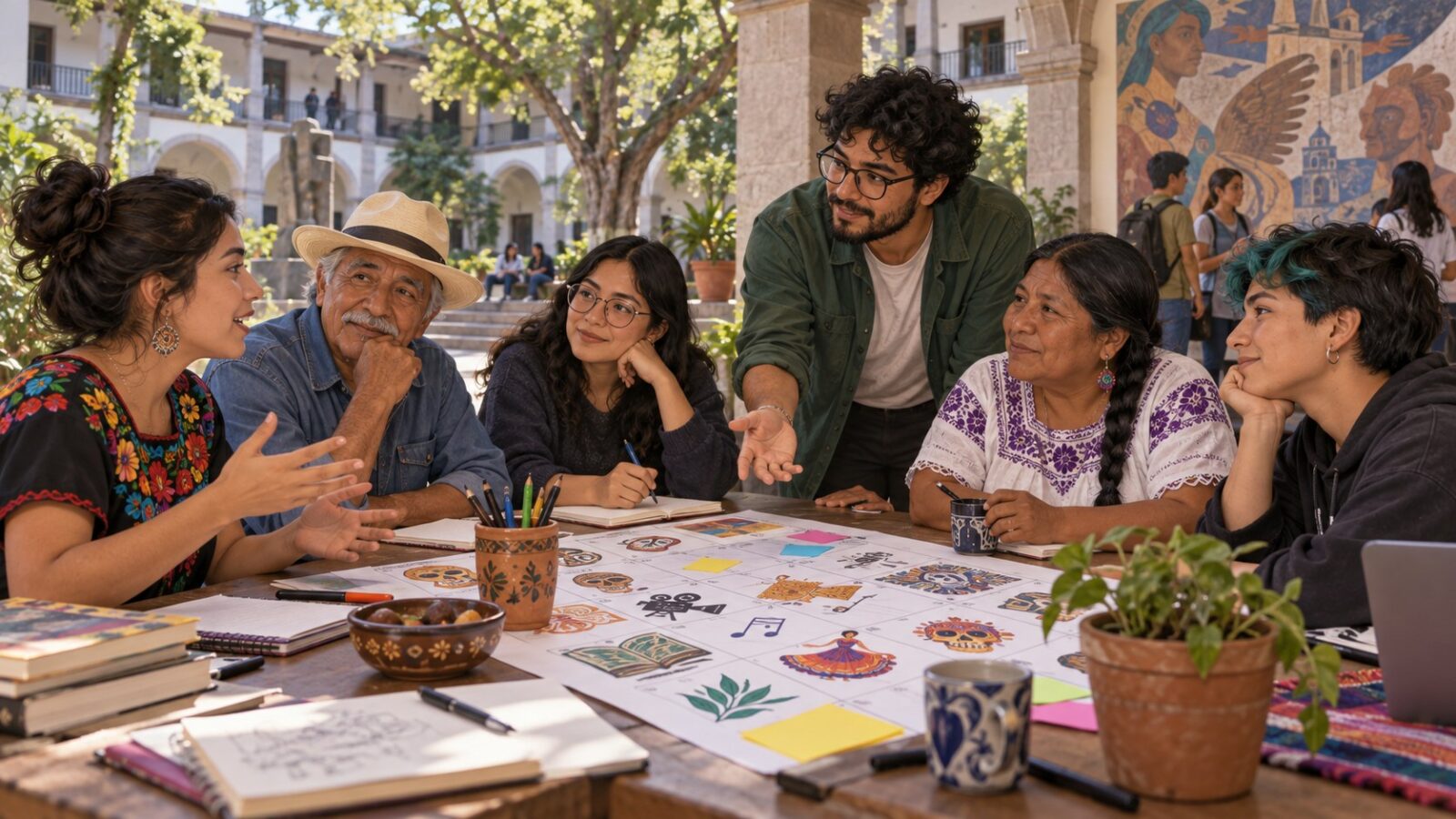 Ilustración de vecinos de distintas edades conversando alrededor de una mesa en un patio comunitario.