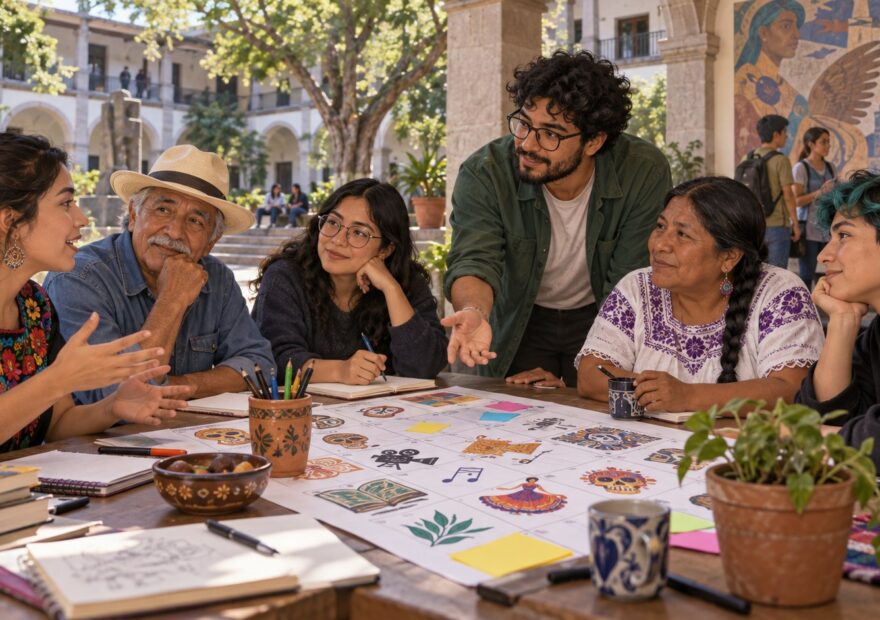 Ilustración de vecinos de distintas edades conversando alrededor de una mesa en un patio comunitario.