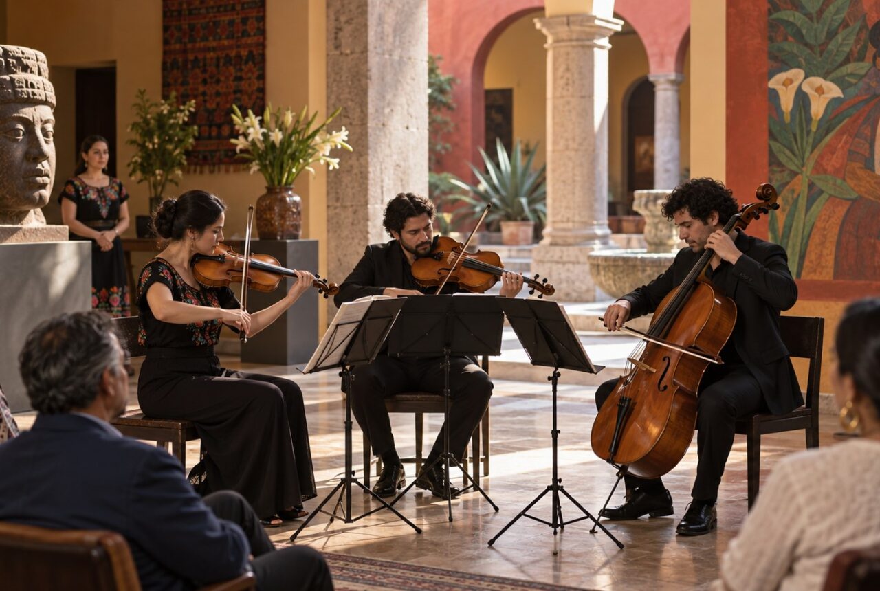 Ilustración de un trío de violín, viola y violonchelo ante oyentes en un vestíbulo cultural.