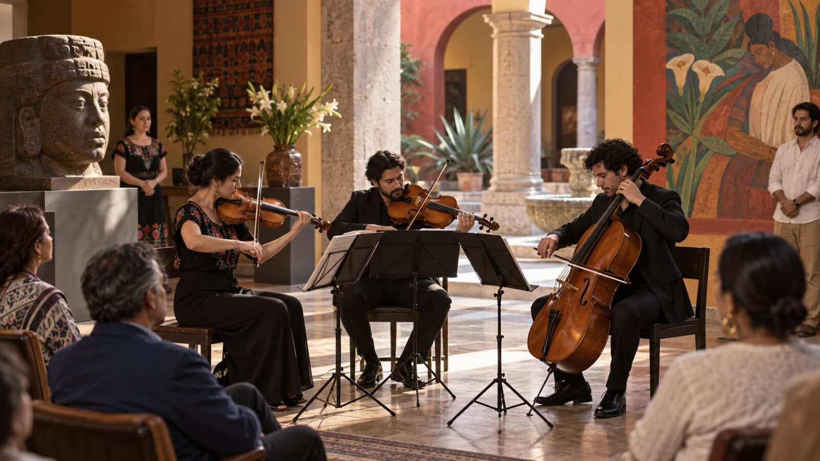 Ilustración de un trío de violín, viola y violonchelo ante oyentes en un vestíbulo cultural.