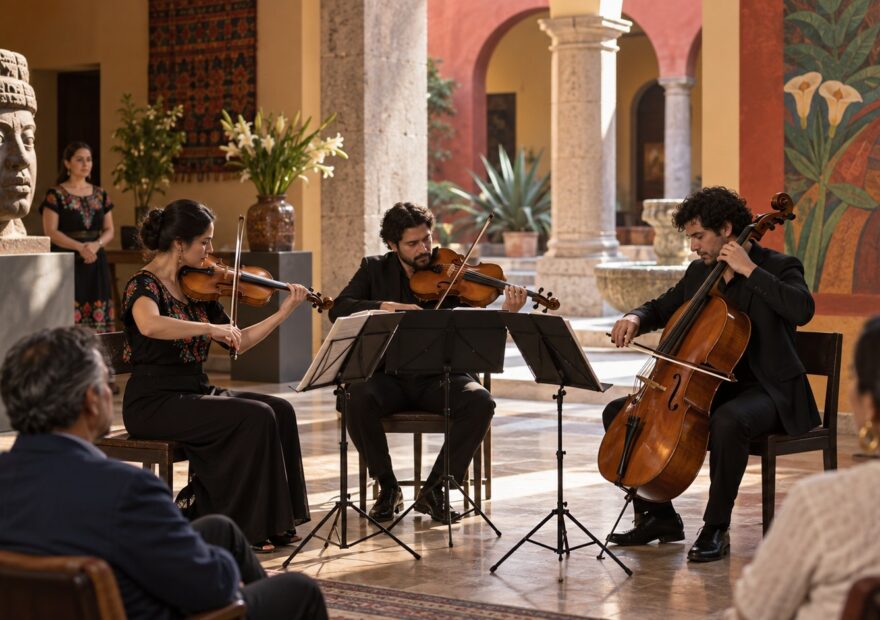 Ilustración de un trío de violín, viola y violonchelo ante oyentes en un vestíbulo cultural.