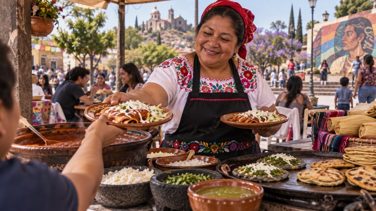 Ilustración de una cocinera sirviendo enchiladas y antojitos en un puesto al aire libre.
