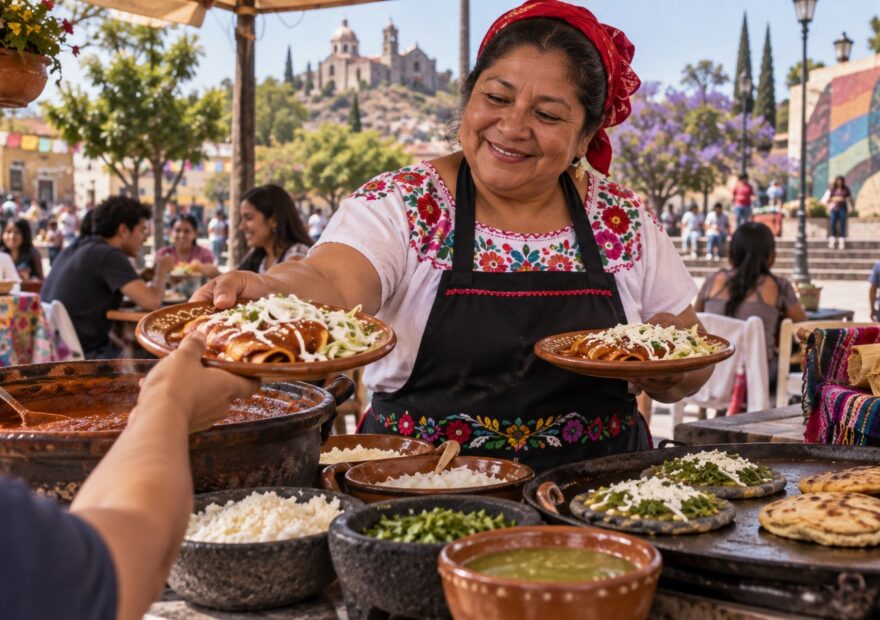 Ilustración de una cocinera sirviendo enchiladas y antojitos en un puesto al aire libre.