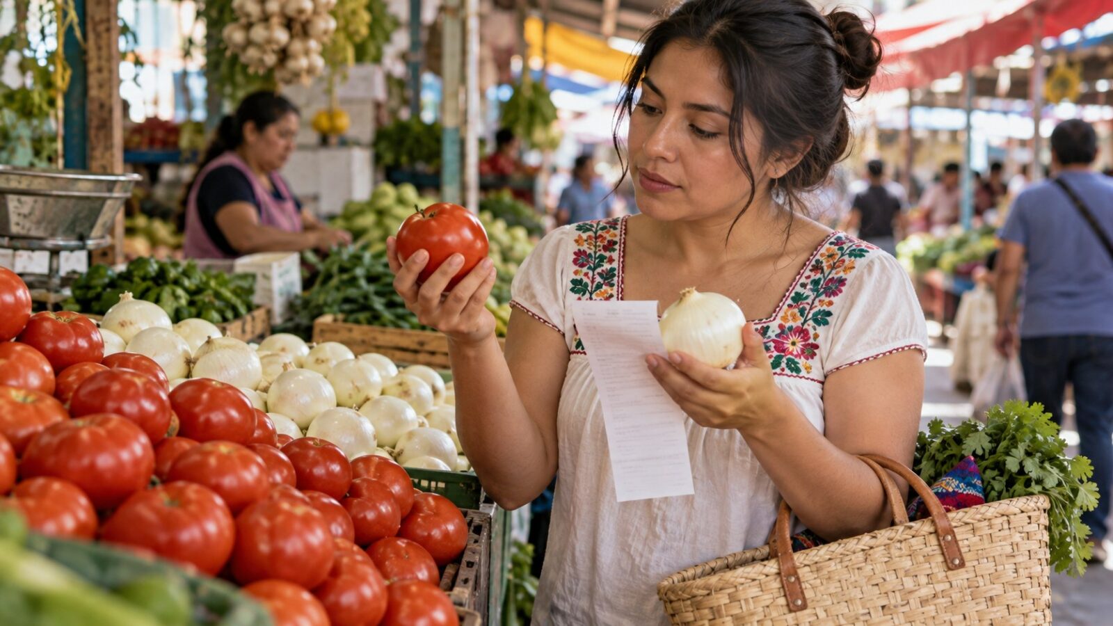 Ilustración de una persona comparando jitomates y cebollas junto a una lista de compra en un mercado.