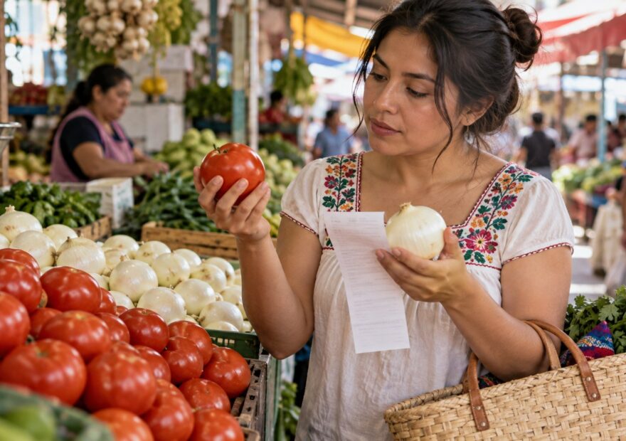 Ilustración de una persona comparando jitomates y cebollas junto a una lista de compra en un mercado.