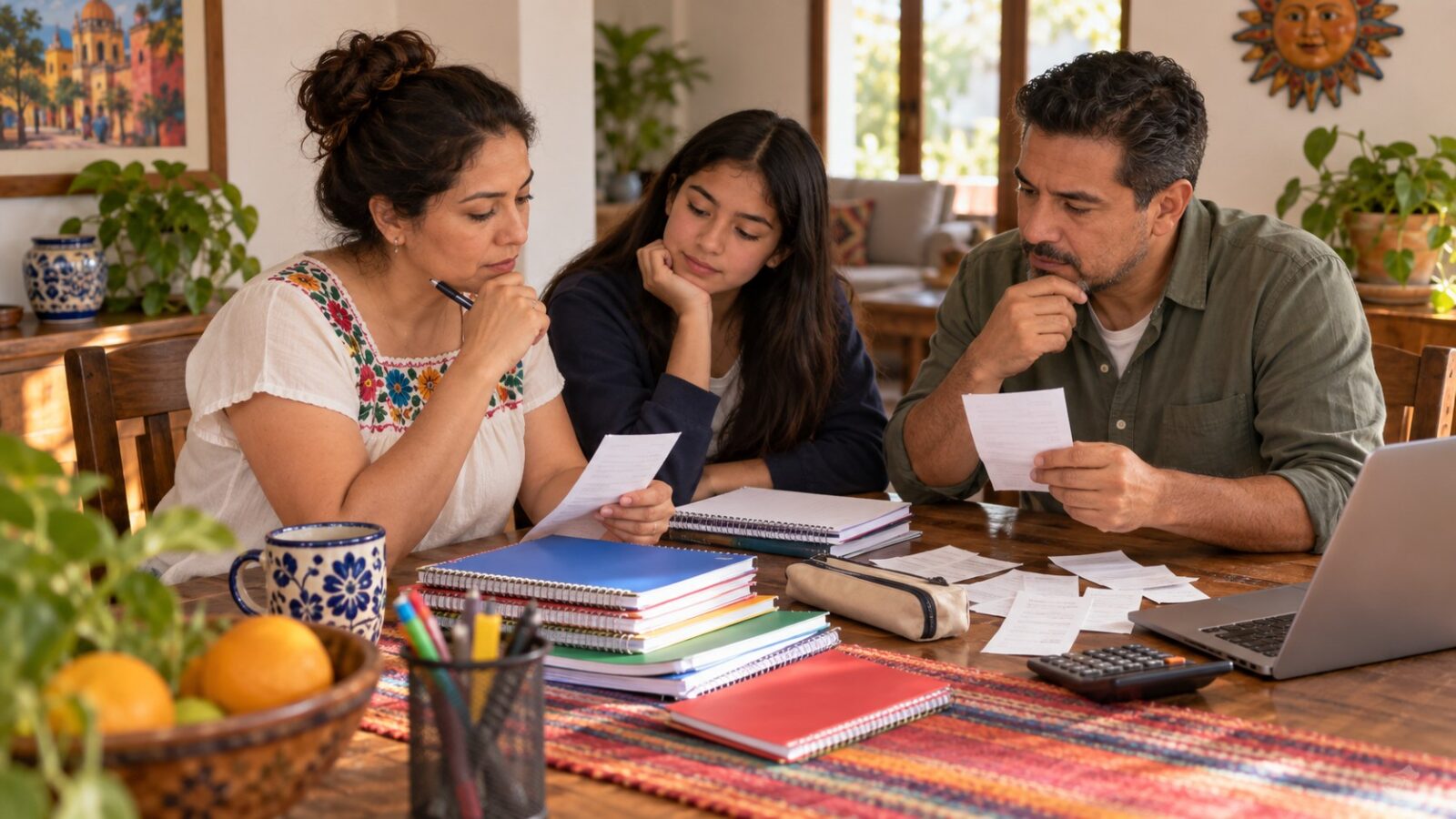 Ilustración de una familia revisando cuadernos y recibos para organizar los gastos educativos.