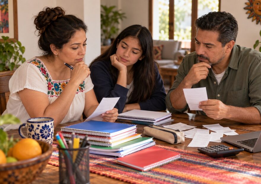 Ilustración de una familia revisando cuadernos y recibos para organizar los gastos educativos.