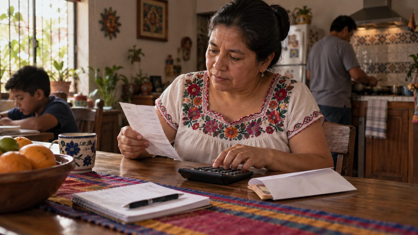 Ilustración de una familia que compara un recibo de transferencia y una calculadora; no contiene cifras ni datos bancarios reales.