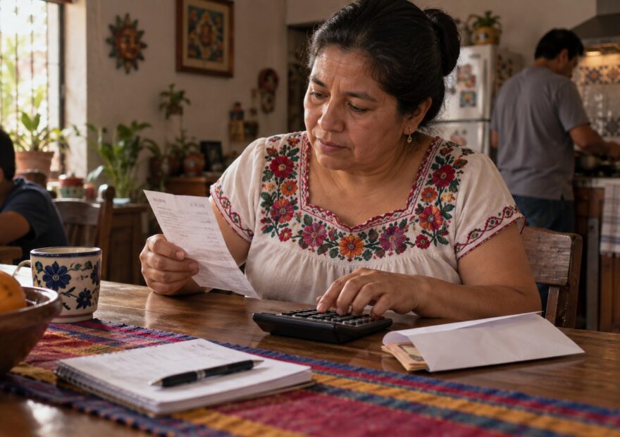 Ilustración de una familia que compara un recibo de transferencia y una calculadora; no contiene cifras ni datos bancarios reales.
