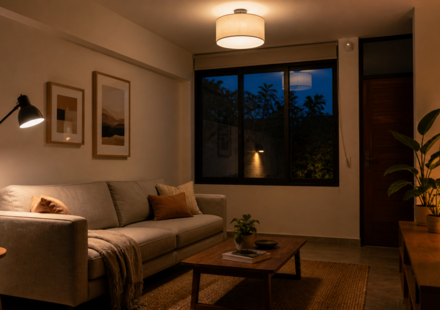 Sala de una casa mexicana pequeña con iluminación general, lámpara de lectura y luz ambiental cálida