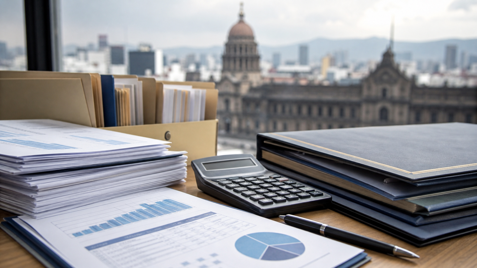 Documentos y calculadora sobre una mesa con el Palacio Nacional de México al fondo, imagen editorial del Paquete Económico 2027.