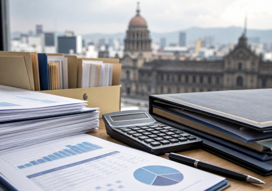 Documentos y calculadora sobre una mesa con el Palacio Nacional de México al fondo, imagen editorial del Paquete Económico 2027.