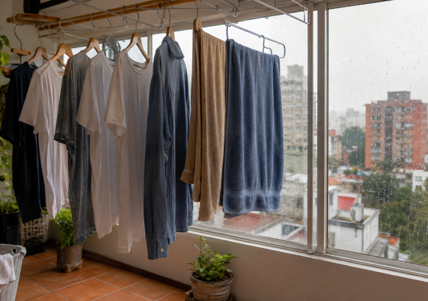 Prendas tendidas en interior con ventilación durante un día lluvioso