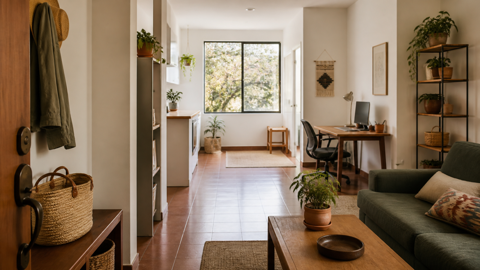 Interior de una vivienda mexicana con entrada, rincón de trabajo y sala organizados en zonas funcionales