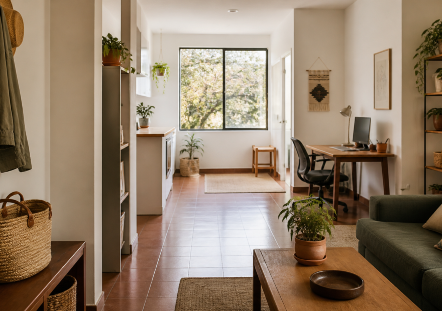 Interior de una vivienda mexicana con entrada, rincón de trabajo y sala organizados en zonas funcionales