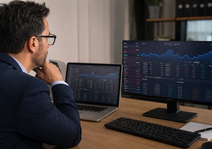 Empresaria compara cotizaciones de dólar y comisiones en una pantalla financiera