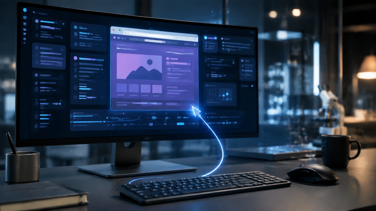 Monitor de computadora con interfaces abstractas y un cursor luminoso que representa el uso de computadora por inteligencia artificial