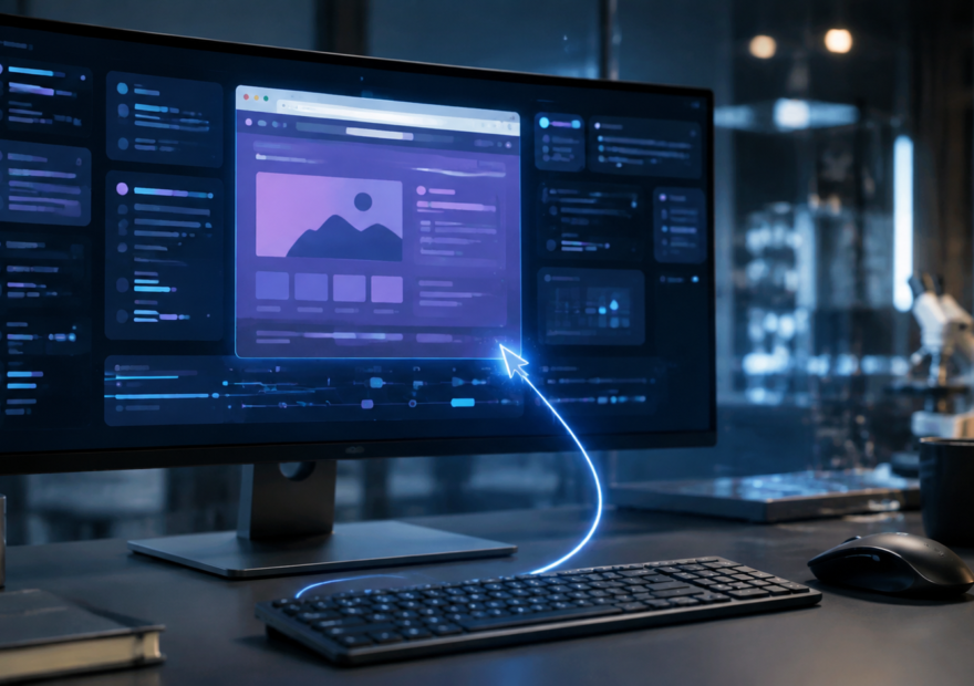 Monitor de computadora con interfaces abstractas y un cursor luminoso que representa el uso de computadora por inteligencia artificial