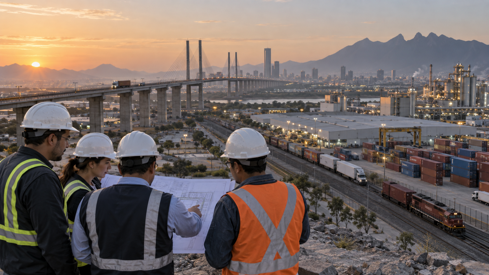 Planta industrial mexicana con trabajadores revisando una línea de producción y camiones de carga al amanecer.