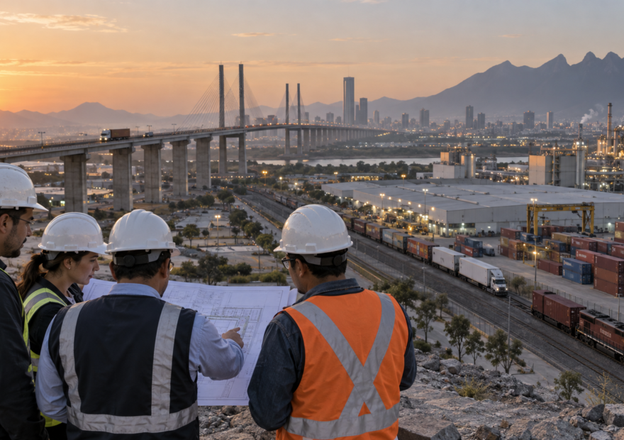 Planta industrial mexicana con trabajadores revisando una línea de producción y camiones de carga al amanecer.